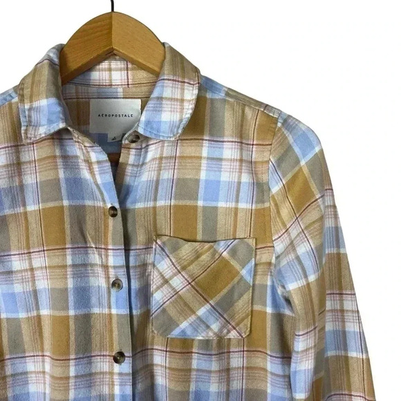 Aeropstale Blue & Yellow Plaid Flannel Long Sleeve Button Down Size Small - Picture 2 of 8